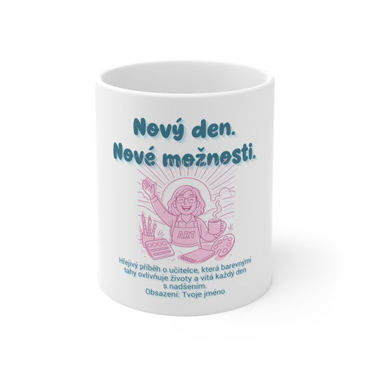 Hrnek pro učitelku výtvarné výchovy - Premiéra malířky: Nový den. Nové možnosti.